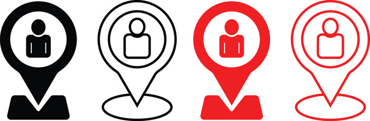 Location pin with person icon. User position symbols. Map pointer with avatar graphic design. Current Location Icons. Man inside map pin symbol
