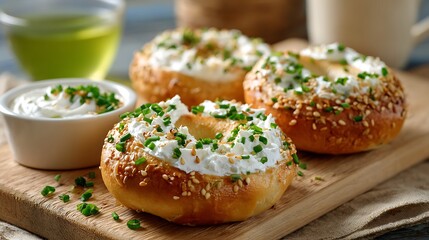 Close-up of bagels with cream cheese, chives, sesame seeds, and green tea on a wooden board