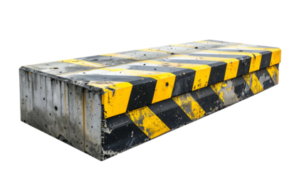 Rectangular concrete road barrier painted with yellow and black hazard stripes