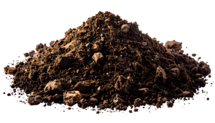 A close-up of a pile of dark brown, fertile soil with small rocks visible
