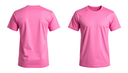 Two views of a pink crew-neck tee-shirt, front and back, against a black background