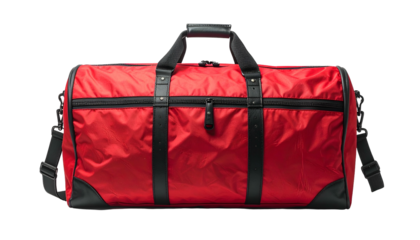 A bright red duffel bag with black accents, handles, and a shoulder strap