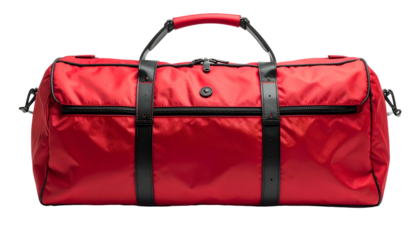 A red duffel bag with black straps and handles, on a transparent background