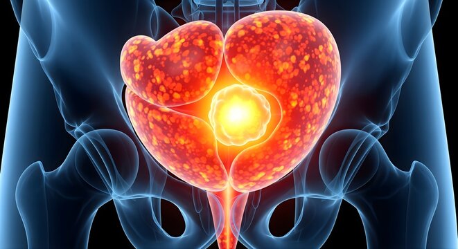 Illustration of prostate cancer highlighted inside human pelvic area for medical education and health awareness about tumor and inflammation of gland