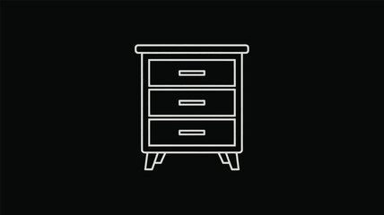 A simple white line art icon representing a three-drawer nightstand or small dresser is isolated against a solid black background for graphic use.