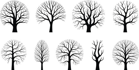 Collection of eight black silhouette deciduous tree icons displaying varied bare branch structures against a stark white background for seasonal design projects.