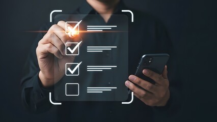 A person interacting with an augmented reality checklist on a transparent screen