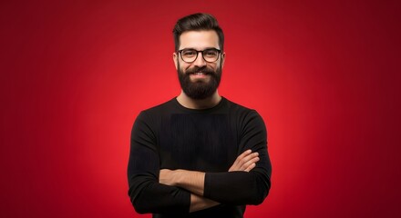 Obraz premium Portrait of serious man with beard on red background