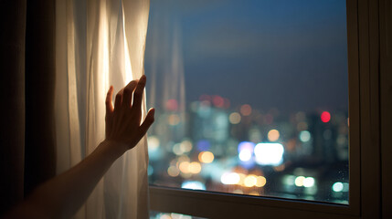 Hand drawing curtain opening to city lights at night