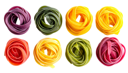 Overhead view of eight nests of colorful, fresh pasta against a black backdrop