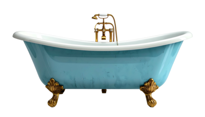 Vintage-style claw-foot bathtub, robin's egg blue, with brass fixtures, isolated on black