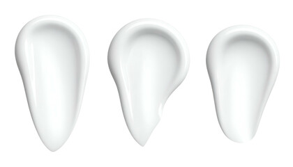 Three white cosmetic cream swatches, teardrop shapes, on a black background, with gloss