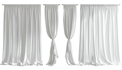 White, flowing, semi-sheer curtains on rods, arranged against a black background