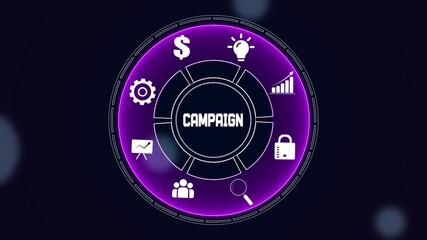 Strategic marketing campaign and advertising promotion concept for business growth, digital interface with communication and target icons on dark hud