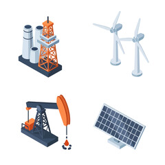 Isometric illustration set depicting various energy sources including fossil fuels, wind turbines, and solar panels. © Diajeng Anita