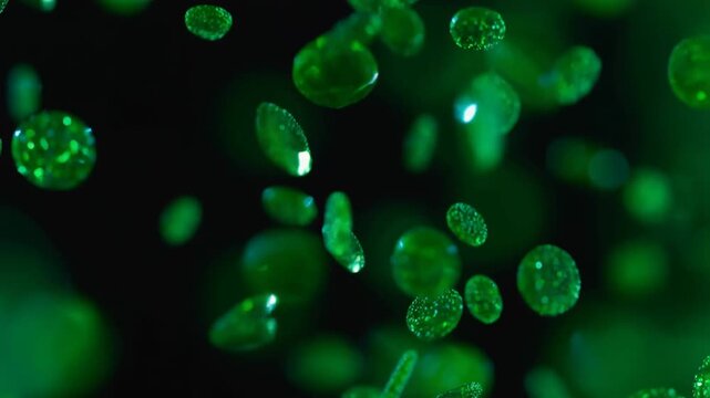 Macro shimmering green sequins slowly falling with sparkling texture on black background, creating a magical and elegant effect