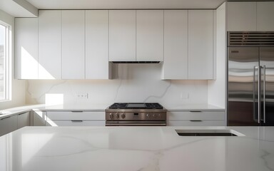 Fototapeta premium Modern kitchen with white cabinets and stainless steel appliances