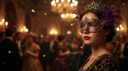 Young woman in carnival mask, copy space