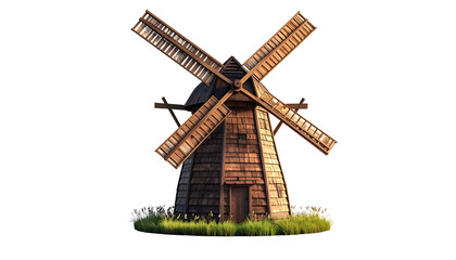 Rustic wooden windmill with four blades, standing in a field with green grass
