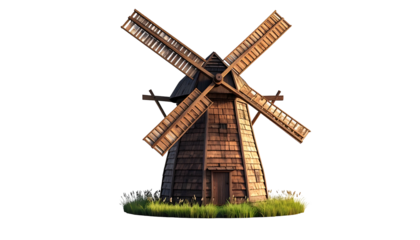 Rustic wooden windmill with four blades, standing in a field with green grass