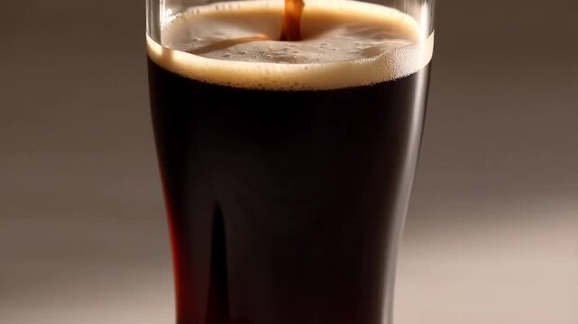 Close-up of a dark stout beer being poured into a clear glass with creamy foam head forming on top, rich texture and smooth cascading effect