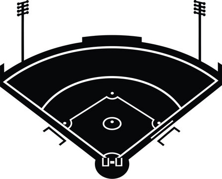 Aerial view of a baseball field with stadium lights on transparent background silhouette
