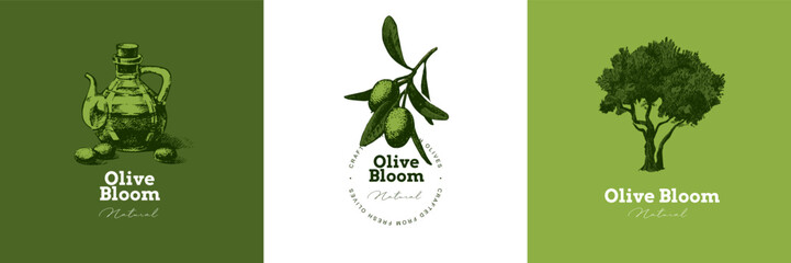 Vintage sketch logo set of olive branche, bottle of oil, tree. Extra virgin, farm product, Mediterranean cuisine, cosmetic, organic farm, packaging label. Engraved hand drawn vector illustration.