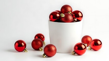 Red christmas ornaments in white bucket