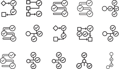 Project approval pipeline outline icon set with connected nodes for workflow, process management and planning.