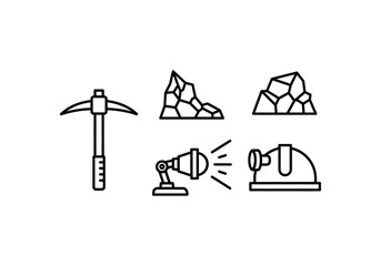 Set of camping icons Mining Equipment and Resources - Pickaxe, Rocks, and Lighting Icons.