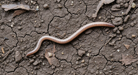 Close-up of a slender, pinkish-brown limbless reptile on cracked, dark earth. Scattered leaves add detail to the arid ground