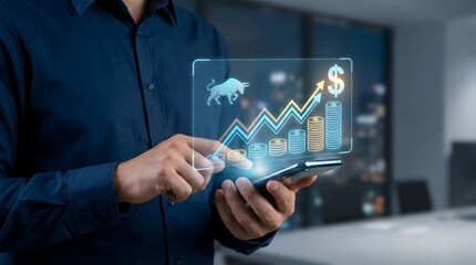 Businessman holding smartphone with glowing hologram of bull and rising arrow charts,symbolizing stock market growth and successful financial investment,digital trading concept.