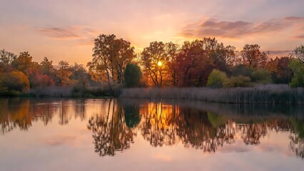 Golden sunrise paints an autumn forest and its clear reflections in a calm lake with warm pastel