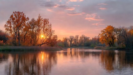 Vibrant autumn trees embrace the tranquil lake at sunrise, reflecting the warm sun and a soft
