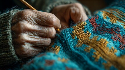 Close-up of aged hands knitting colorful wool fabric, showing intricate needlework detail