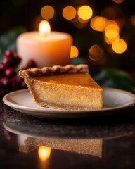 Slice of Holiday Pie with Golden Crust and Candlelight Reflection