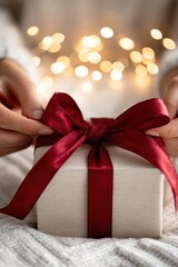 Female Hands Tying Red Bow on Holiday Gift with Soft Background Lights