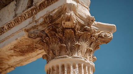 Close-up of intricately carved architectural details, featuring a column capital and clear sky