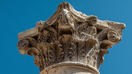 Close-up of intricately carved stone column capital against a clear, deep blue sky