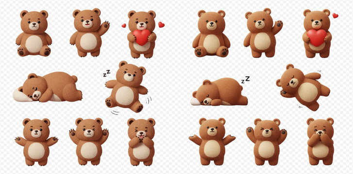 Collection of cute 3D rendered teddy bears in various poses and expressions, isolated on transparent background.