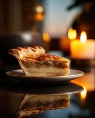 Slice of Golden Crust Pie with Candle Reflection on Table Surface