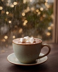 Warm Hot Chocolate with Cream and Marshmallows on a Rainy Day