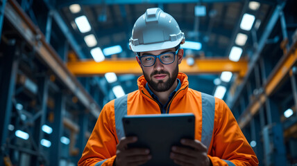 Professional male engineer in orange safety vest using digital tablet in modern warehouse industrial category - ideal for logistics technology, smart factory management,