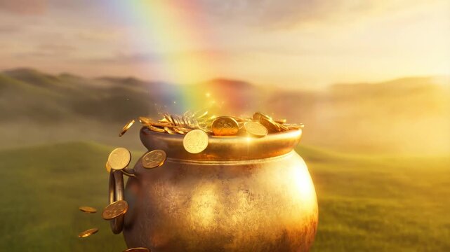 Magical pot of gold overflowing with glowing coins at the end of a vibrant rainbow over misty green hills at golden hour