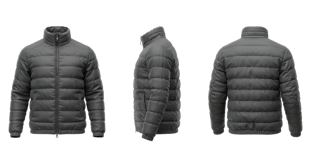 ultra-detailed blank deep grey men's puffer jacket with thick baffle insulation and metallic zipper, three views (front, side, back) isolated on white background. Template mockup concept