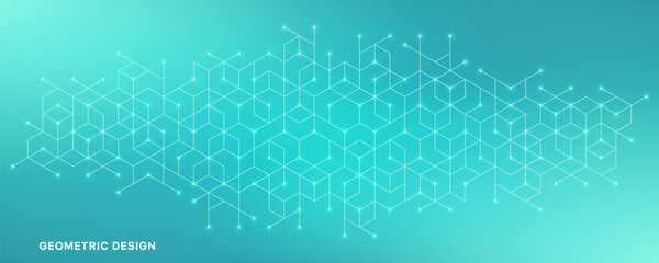 Abstract geometric cubes with connected dots and glowing lines on turquoise gradient background.