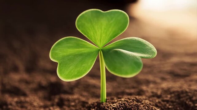 Time-lapse growth of a vibrant green three-leaf clover sprouting from fertile soil with morning sunlight