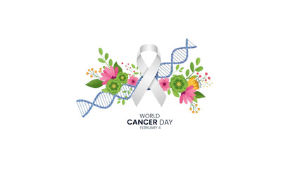 Obraz premium world cancer day floral banner with dna helix and white ribbon