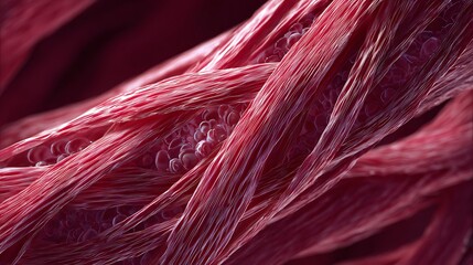 Close-up of intertwined, fibrous structures in shades of red, with subtle details