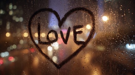 A heart and the word "LOVE" are drawn on a rain-streaked window, blurring city lights